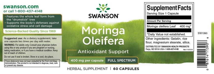 Моринга, Moringa Oleifera, Swanson, 400 мг, 60 капсул (SWV-11390), фото