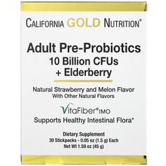 California Gold Nutrition, пребіотики і пробіотики для дорослих, 10 млрд. КУО + бузина, натуральний полунично-динний смак, 30 пакетиків по 1,5 г (CGN-01854), фото