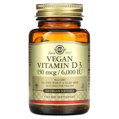 Solgar, Веганский витамин D3, (150 мкг) 6000 МЕ, 100 веганских капсул (SOL-30335), фото