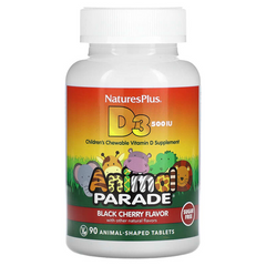 Nature's Plus, Source of Life, Animal Parade, вітамін D3, зі смаком натуральна чорна вишня, 12,5 мкг (500 МО), 90 таблеток у формі тварин (NAP-29923), фото