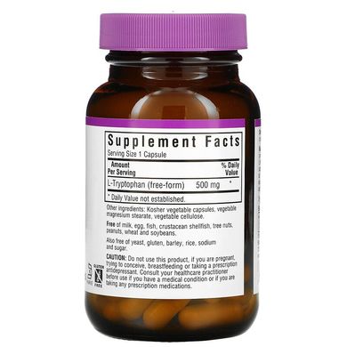Bluebonnet Nutrition, L-триптофан, 500 мг, 60 растительных капсул (BLB-00094), фото