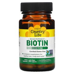 Country Life, Високоефективний біотин, 5 мг (5000 мкг), 60 вегетаріанських капсул (CLF-06505), фото