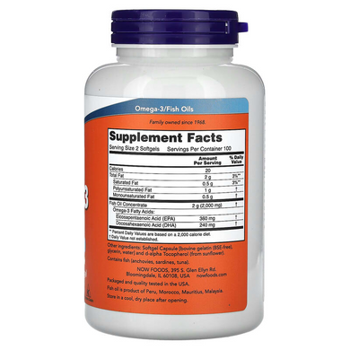 Омега-3 180 EPA 120 DHA NOW Foods Omega-3 - 200 капсул, фото