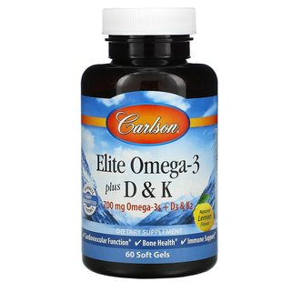 Carlson Labs, Elite Omega-3 з вітамінами D і K, натуральний смак лимона, 60 м'яких пігулок (CAR-17510), фото