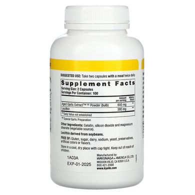 Kyolic, Aged Garlic Extract, екстракт часнику з лецитином, склад 104 для зниження рівня холестерину, 200 капсул (WAK-10442), фото