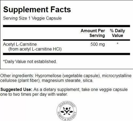 Ацетил карнитин, Acetyl-L Carnitine, Swanson, 500 мг, 100 вегетарианских капсул (SWV-11649), фото