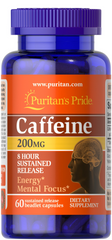 Кофеїн, Caffeine, 8-Hour Sustained Release 200 мг, Puritan's Pride 60 капсул (PTP-54126), фото