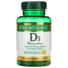 Nature's Bounty, D3, Immune Health, 25 мкг (1000 МО), 350 м'яких таблеток зі швидким вивільненням (NRT-30413), фото