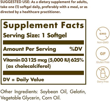 Solgar, витамин D3 (холекальциферол), 125 мкг (5000 МЕ), 100 капсул (SOL-19377), фото