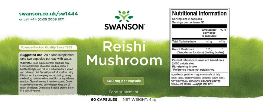 Гриби Рейша, Reishi Mushroom, Swanson, 600 мг, 60 капсул (SWV-11444), фото