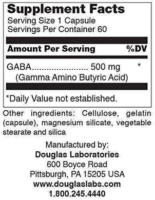 ГАМК (гамма-аминомасляная кислота), Gaba, Douglas Laboratories, 500 мг, 60 капсул (DOU-00922), фото