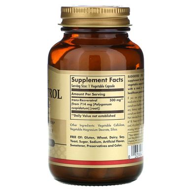 Solgar, Ресвератрол, 500 мг, 30 рослинних капсул (SOL-31045), фото
