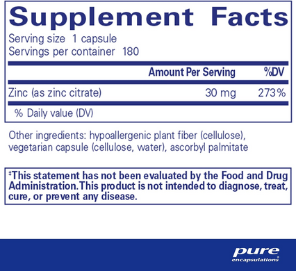 Pure Encapsulations, Цинк (цитрат), Zinc (citrate), 180 капсул (PE-00455), фото