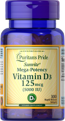 Puritan's Pride, Витамин Д3, 5000 МЕ, 100 капсул (PTP-19377), фото