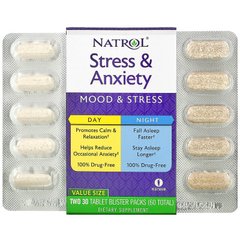 Natrol, средство от стресса и тревожности для приема днем и ночью, два блистера по 30 таблеток в упаковке (всего 60) (NTL-05501), фото