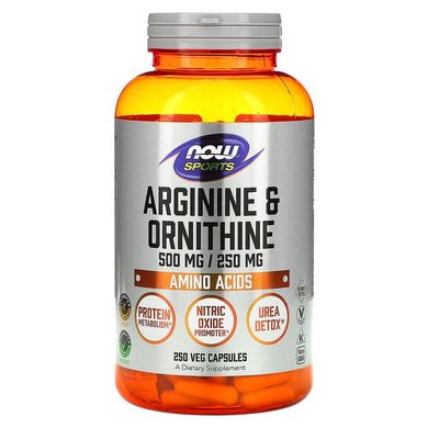 Now Foods, L-аргінін + L-орнітин, 500/250 мг, 250 вегетаріанських капсул (NOW-00042), фото