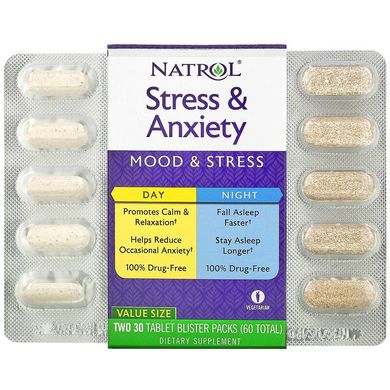 Natrol, средство от стресса и тревожности для приема днем и ночью, два блистера по 30 таблеток в упаковке (всего 60) (NTL-05501), фото