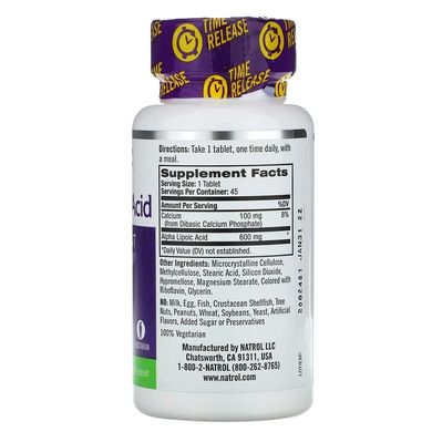 Natrol, Альфа-липоевая кислота, медленное высвобождение, 600 мг, 45 таблеток (NTL-05229), фото