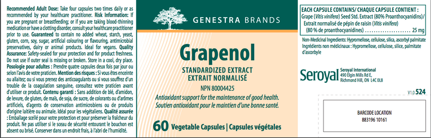 Антиоксидантна підтримка, Grapenol, Genestra Brands, 120 вегетаріанських капсул (GEN-02322), фото