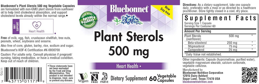 Bluebonnet Nutrition, Рослинні стероли, 500 мг, 60 рослинних капсул (BLB-01177), фото