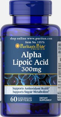 Альфа-ліпоєва кислота, Alpha Lipoic Acid, Puritan's Pride, 300 мг, 60 гелевих капсул (PTP-13576), фото