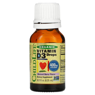 Вітамін Д3 для дітей, Vitamin D3 Drops, ChildLife, органік, ягоди, 400 МО, 6,25 мл (CDL-13000), фото