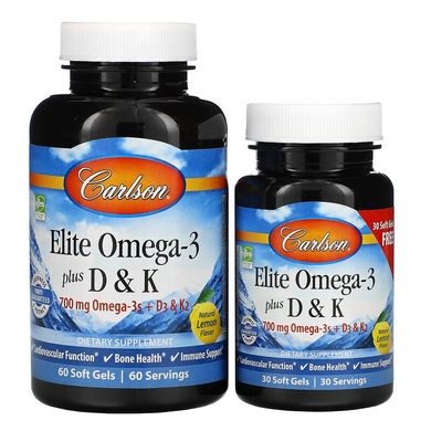 Carlson Labs, Elite Omega-3 с витаминами D и K, натуральный вкус лимона, 60+30 мягких таблеток (CAR-17540), фото