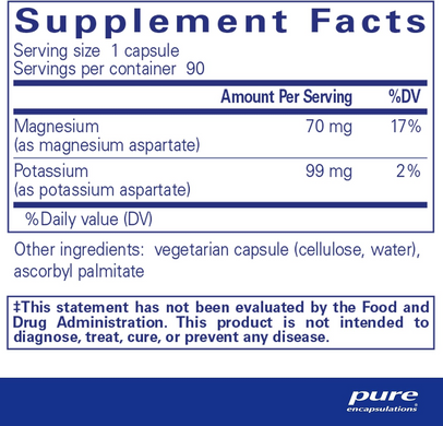 Pure Encapsulations, Калій та Магній (аспартат), Potassium Magnesium (aspartate), 90 капсул (PE-00217), фото