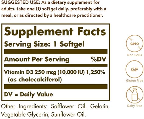 Solgar, вітамін D3 (холікальціферол), 250 мкг (10 000 МО), 120 капсул (SOL-35872), фото