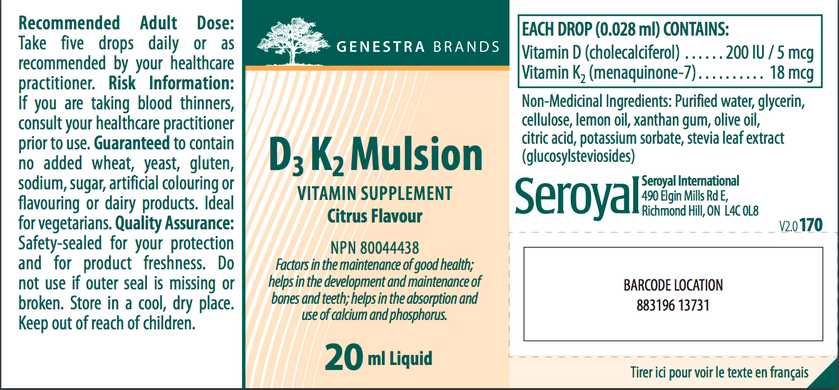 Вітамін Д3 і К2, D3-K2 Mulsion, Genestra Brands, цитрусовий смак, 20 мл (GEN-13730), фото