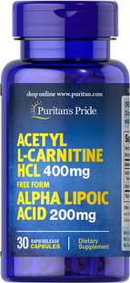 Puritan's Pride, Ацетил-L-карнітин, 400 мг, з альфа-ліпоєвої кислотою 200 мг, 30 капсул (PTP-66070), фото