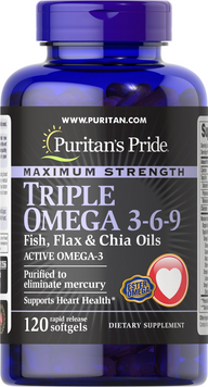 Puritan's Pride, Triple Omega 3-6-9 з риб'ячим жиром, лляною олією і маслом Чіа, максимальна сила, 120 м'яких таблеток (PTP-51256), фото