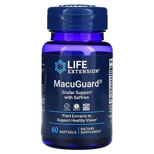 Life Extension, MacuGuard, препарат із шафраном для зміцнення зору, 60 м'яких гелевих капсул (LEX-19926), фото