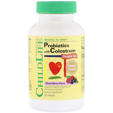 Пробіотики з молозивом, Probiotics with Colostrum, ChildLife, ягоди, 90 жувальних таблеток (CDL-11100), фото