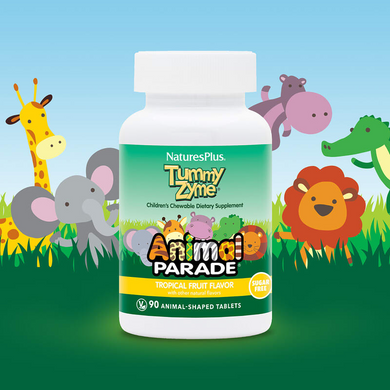 Nature's Plus, Source of Life, Animal Parade, Tummy Zyme с активными ферментами, цельными продуктами и пробиотиками, натуральный вкус тропических фруктов, 90 таблеток в форме животных (NAP-29947), фото