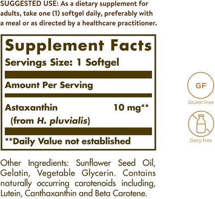 Solgar, Астаксантин, 10 мг, 30 м'яких желатинових капсул (SOL-36204), фото