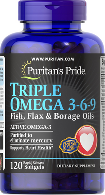 Омега 3-6-9, Triple Omega 3-6-9, Puritan's Pride, масло льону, гвинта і риби, 120 гелевих капсул (PTP-18520), фото