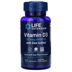 Life Extension, витамин D3 с Sea-Iodine, 125 мкг (5000 МЕ), 60 капсул (LEX-17586), фото