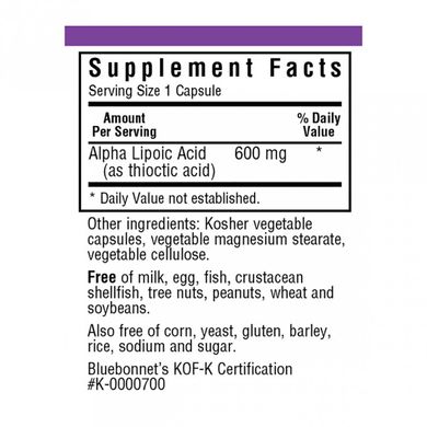 Альфа ліпоєва кислота 600 мг, Bluebonnet Nutrition, 30 рослинних капсул (BLB-00855), фото