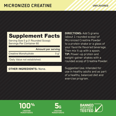 Креатин моногидрат (микронизированный) Optimum Nutrition Micronized Creatine Powder | без вкуса - 300 г, фото