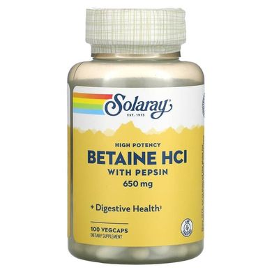 Solaray, высокоэффективный бетаина гидрохлорид с пепсином, 650 мг, 100 капсул VegCap (SOR-04814), фото
