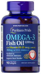 Омега-3 риб'ячий жир + вітамін Д3, Omega-3 Fish Oil 1000 IU of Vitamin D3, Puritan's Pride, 1200/1000 МО, 90 капсул (PTP-19405), фото