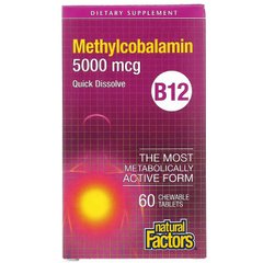 Natural Factors, вітамін B12, метилкобаламін, 5000 мкг, 60 жувальних пігулок (NFS-01247), фото