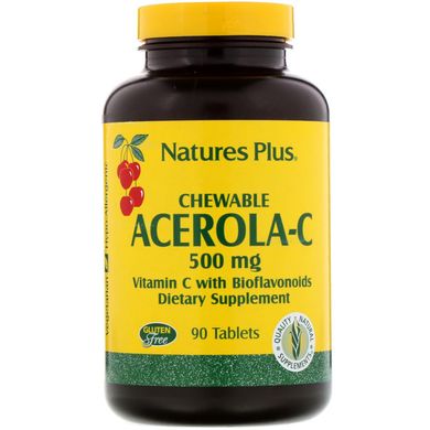 NaturesPlus, Ацерола-C у жувальній формі, вітамін C з біофлавоноїдами, 500 мг, 90 таблеток (NAP-02460), фото