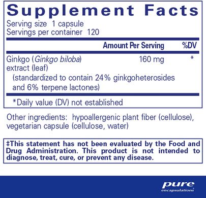 Ginkgo Biloba, Pure Encapsulations, 160 mg, 120 caps, (PE-00304), фото