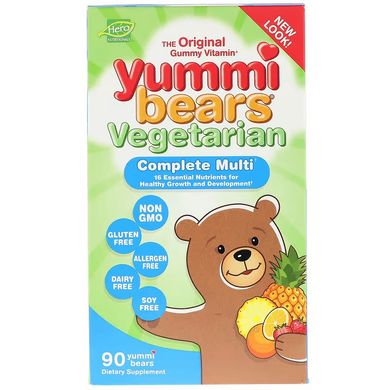Hero Nutritional Products, Yummi Bears, Мультивитаминный вегетарианский комплекс для детей, со вкусом натуральной клубники, апельсина и ананаса, 90 мармеладных мишек (HNP-68347), фото