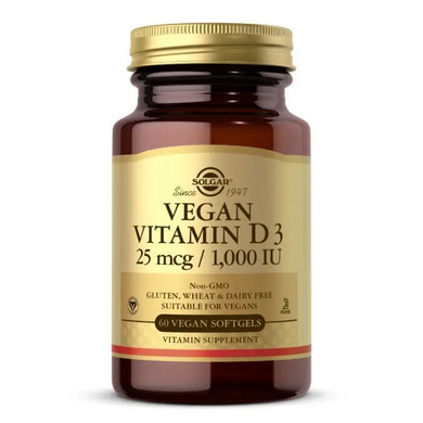 Solgar, Вітамін Д3 веганський, Vegan Vitamin D3, 25 мкг (1000 МО), 60 веганських гелевих капсул (SOL-30332), фото