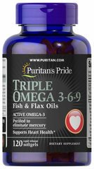 Омега 3-6-9, Triple Omega 3-6-9, Puritan's Pride, рыбий жир и льняное масло, 120 гелевых капсул (PTP-51254), фото