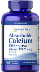 Кальций и витамин Д3, Absorbable Calcium 1200 mg with Vitamin D3 1000 IU, Puritan's Pride,100 капсул (PTP-16272), фото