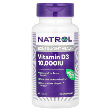 Natrol, вітамін D3, здоров'я кісток та суглобів, максимальна сила дії, 10 000 МО, 60 таблеток (NTL-06014), фото